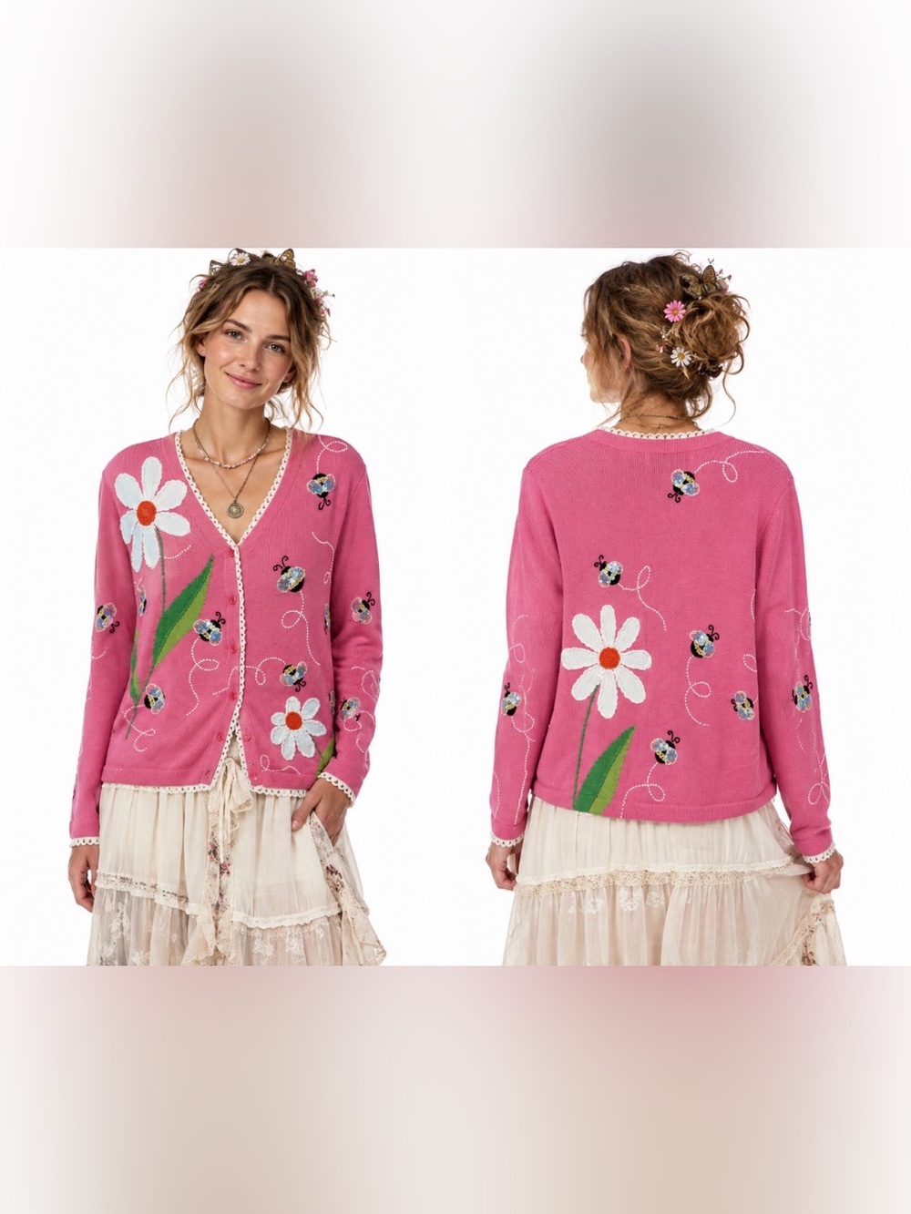 Design Options Philip & Jane Gordon  Pink Granny-core Whimsical Cardigan M VTG